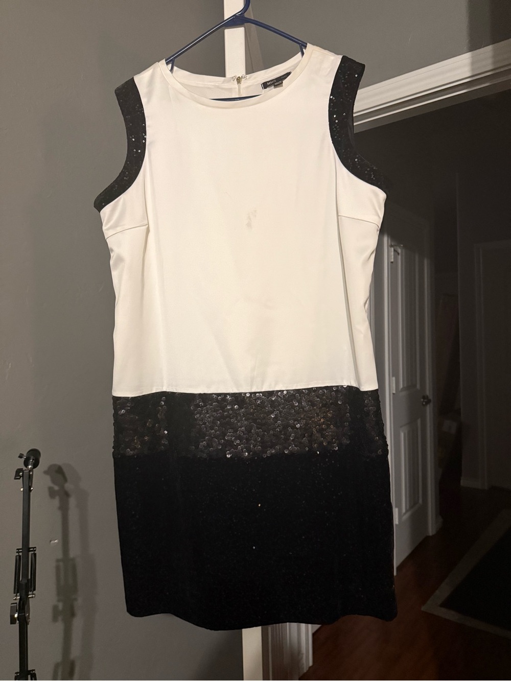 MNG Suit XXL Sleeveless White Mini Dress with Black Sequin Accents